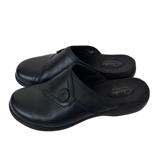 Clarks Bendables Black Leather Slip On Clogs Sz 6.5 - Picture 4 of 7